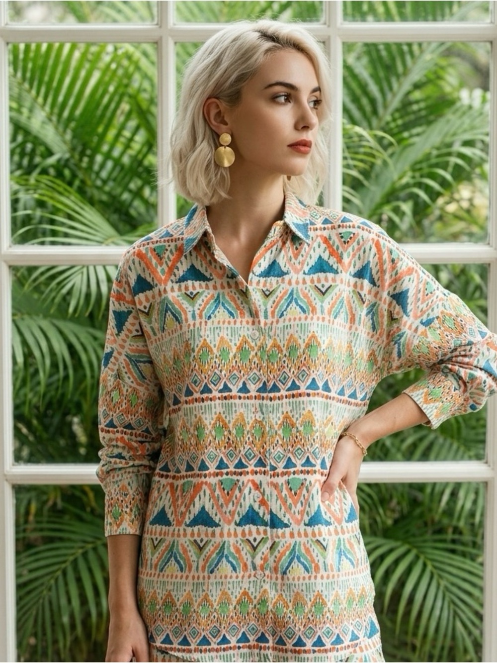 Zara Oversized Ikat Geometric Button-Down Shirt